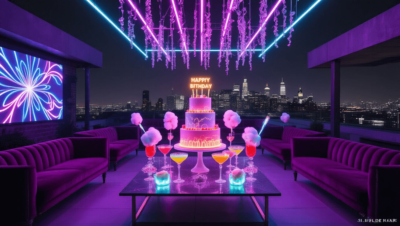 A vibrant rooftop birthday party featuring luxurious purple velvet lounges, illuminated dessert displays with LED-lit cotton candy, and neon decorations, all set against a twinkling city skyline during blue hour.