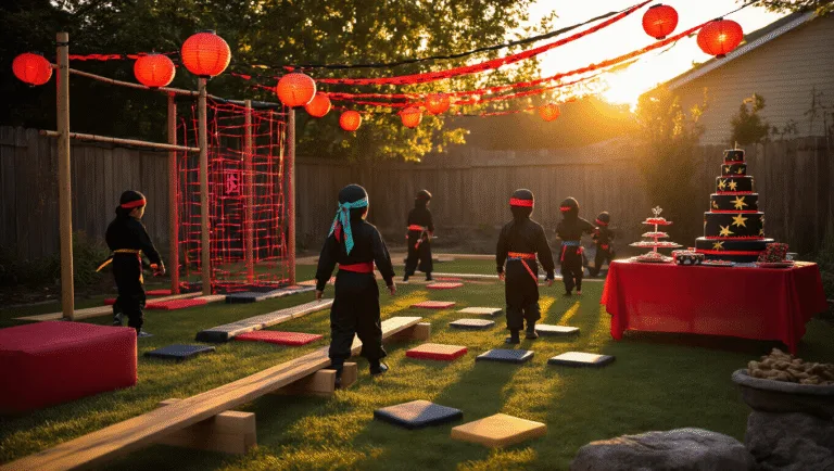 A vibrant backyard ninja training party scene at golden hour, featuring children in black ninja costumes navigating an obstacle course with wooden beams, foam stones, and a neon laser maze, illuminated by Japanese lanterns. A dessert table displays a three-tiered black and red ninja cake and themed treats, while smoke bombs add atmosphere.
