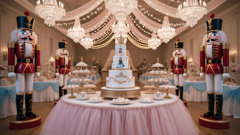 Photorealistic Nutcracker-themed birthday party ballroom featuring a grand dessert table, life-sized nutcracker figures, crystal chandeliers, and a three-tiered cake centerpiece, all captured in enchanting golden hour lighting with soft bokeh effects.