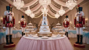 A Magical Nutcracker Birthday Party: Bringing the Land of Sweets to Life Photorealistic Nutcracker-themed birthday party ballroom featuring a grand dessert table, life-sized nutcracker figures, crystal chandeliers, and a three-tiered cake centerpiece, all captured in enchanting golden hour lighting with soft bokeh effects.
