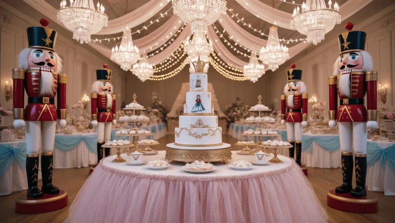 Photorealistic Nutcracker-themed birthday party ballroom featuring a grand dessert table, life-sized nutcracker figures, crystal chandeliers, and a three-tiered cake centerpiece, all captured in enchanting golden hour lighting with soft bokeh effects.