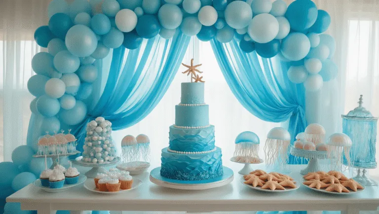 A dreamy living room transformed into an underwater-themed birthday party, featuring gossamer blue curtains, a coral reef cake, jellyfish cupcakes, and starfish-shaped cookies, with dramatic balloon garlands and glowing centerpieces, all bathed in soft natural light.