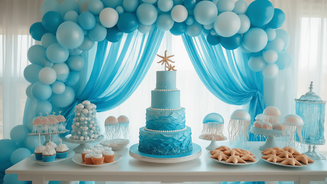 A dreamy living room transformed into an underwater-themed birthday party, featuring gossamer blue curtains, a coral reef cake, jellyfish cupcakes, and starfish-shaped cookies, with dramatic balloon garlands and glowing centerpieces, all bathed in soft natural light.