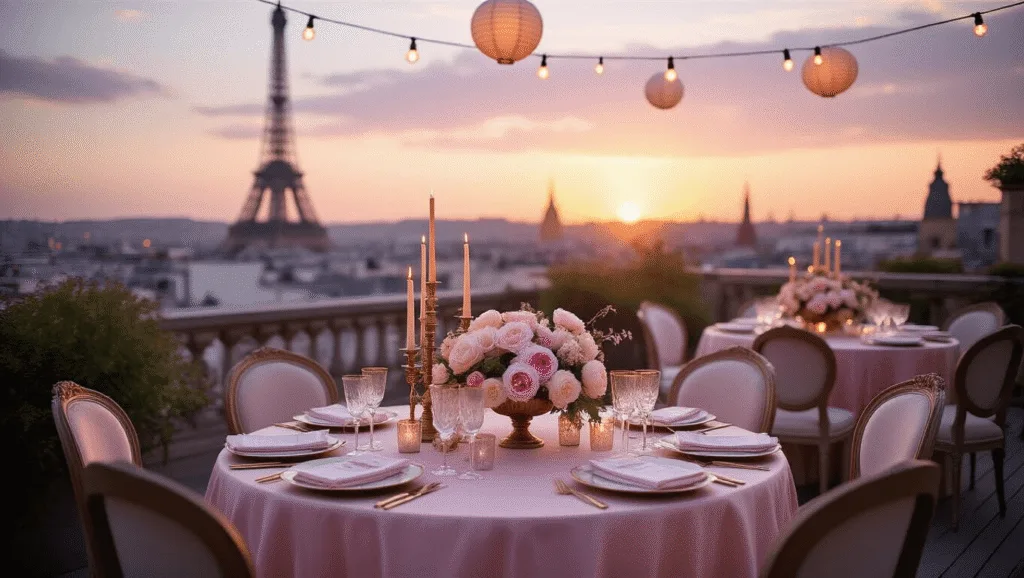 A luxurious Parisian rooftop terrace celebrates at sunset, featuring elegant table settings, lush floral centerpieces, and warm ambient lighting, with the Eiffel Tower silhouette in the background.