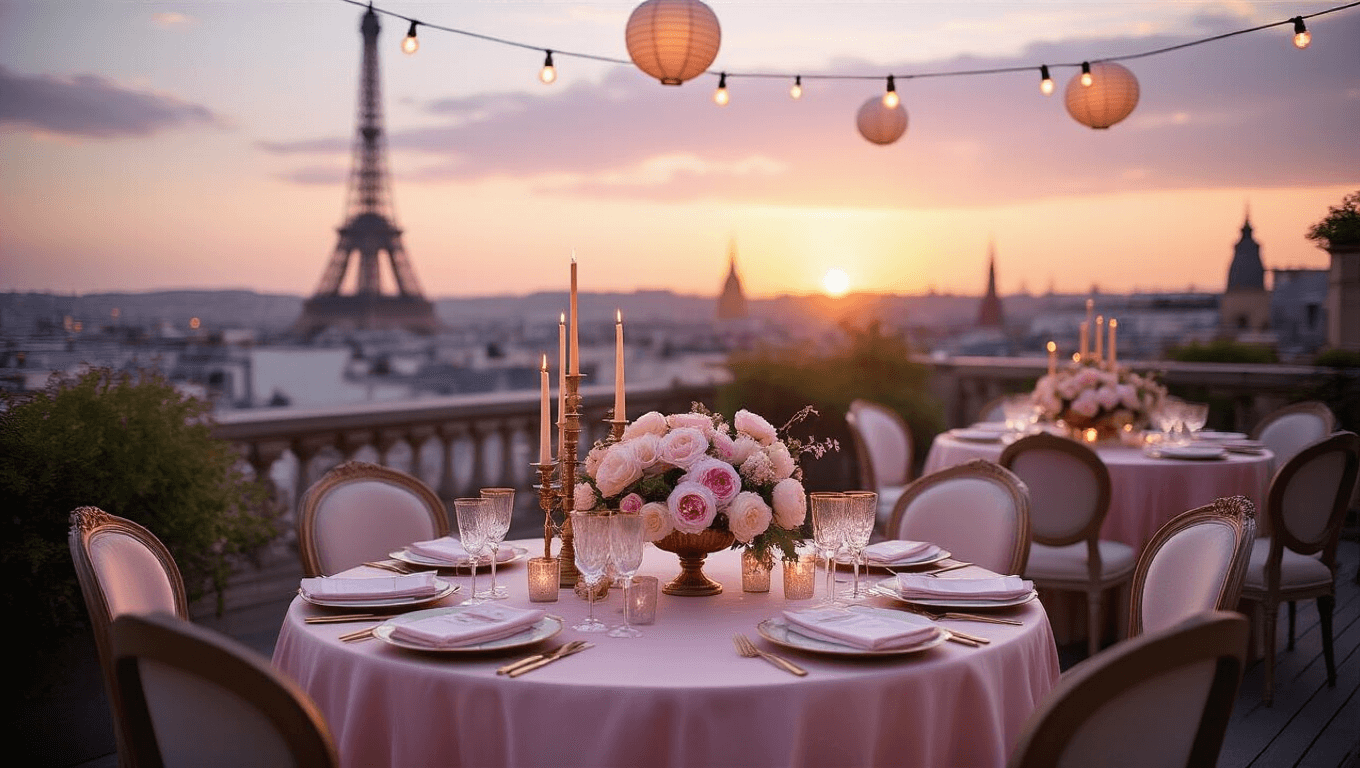 A luxurious Parisian rooftop terrace celebrates at sunset, featuring elegant table settings, lush floral centerpieces, and warm ambient lighting, with the Eiffel Tower silhouette in the background.