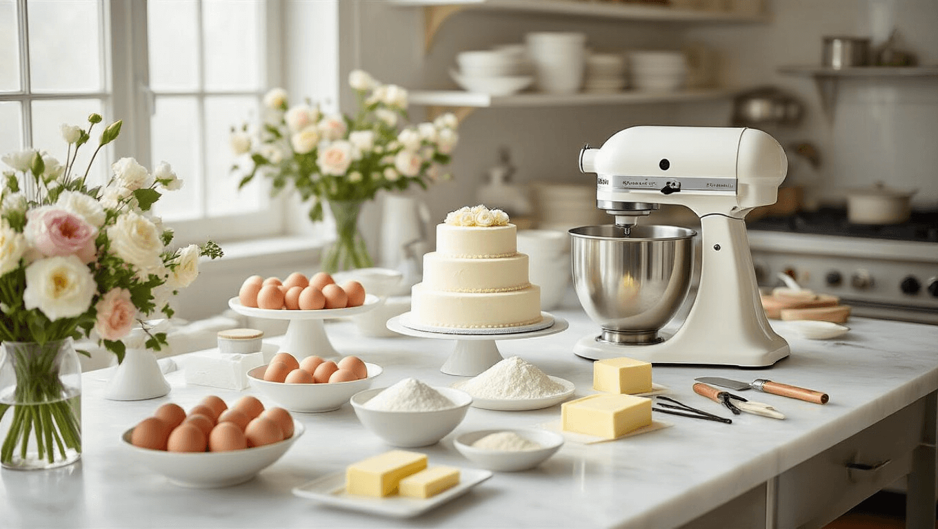 A professional pastry kitchen with soft lighting, featuring a white marble countertop set for wedding cake preparation, including a KitchenAid mixer, farm-fresh ingredients, and elegant fresh flowers, all captured in a hyperrealistic style with a dreamy atmosphere.