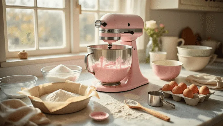A serene baking scene featuring a stand mixer with rose-pink cake batter on a marble countertop, surrounded by baking ingredients like sugar, flour, eggs, and pink food coloring, illuminated by soft natural morning light.