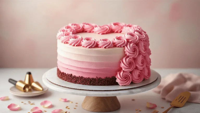 Photorealistic heart-shaped chocolate birthday cake with pink buttercream roses on a marble stand, set against a pastel background, featuring ombré frosting and scattered rose petals.