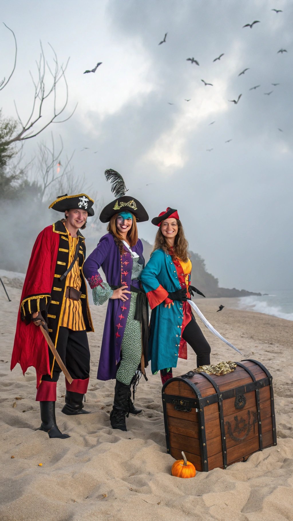 Three friends dressed as pirates on a beach with a treasure chest