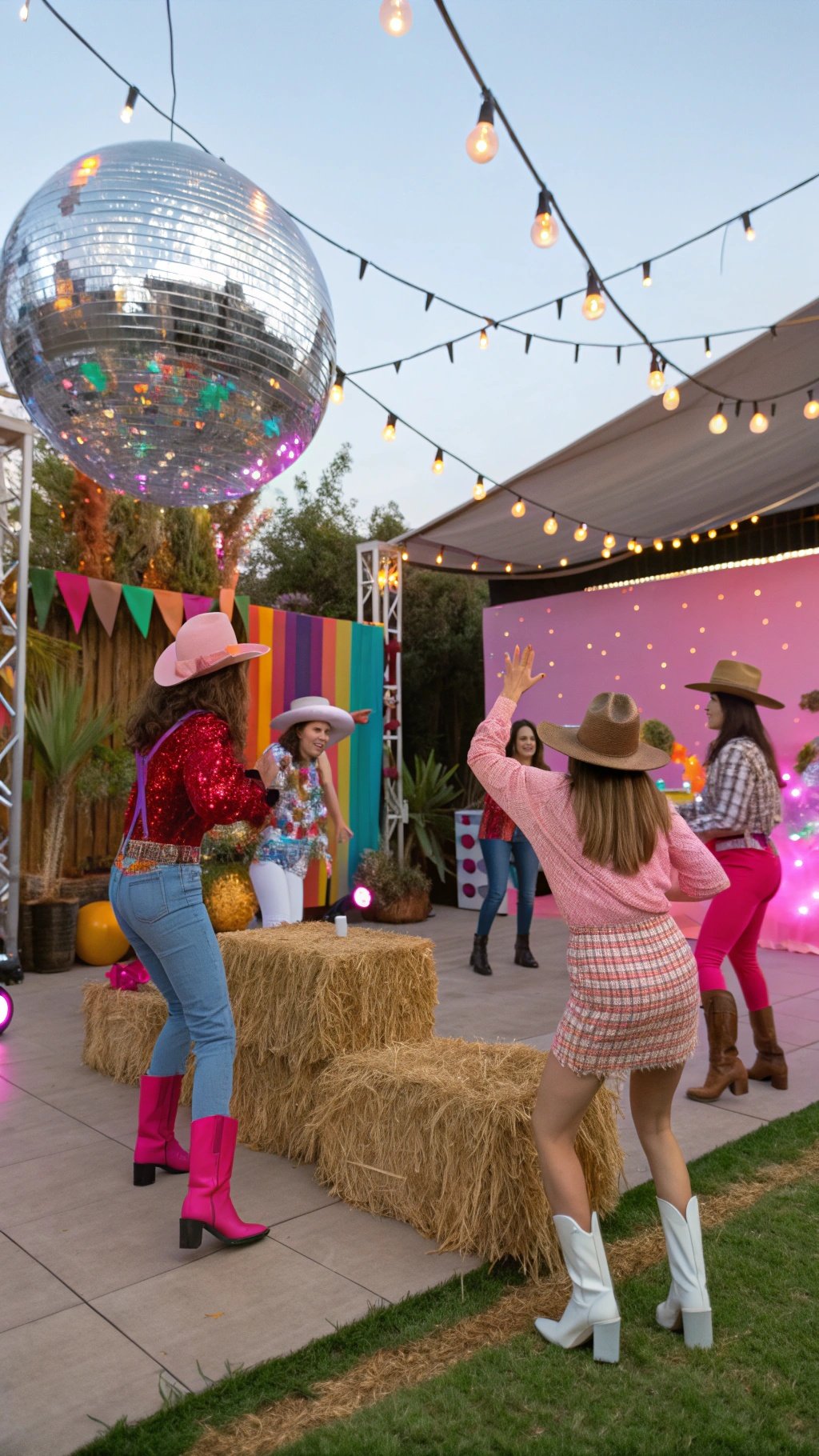 A vibrant Disco Cowgirl Birthday Party scene with guests dancing under a disco ball.