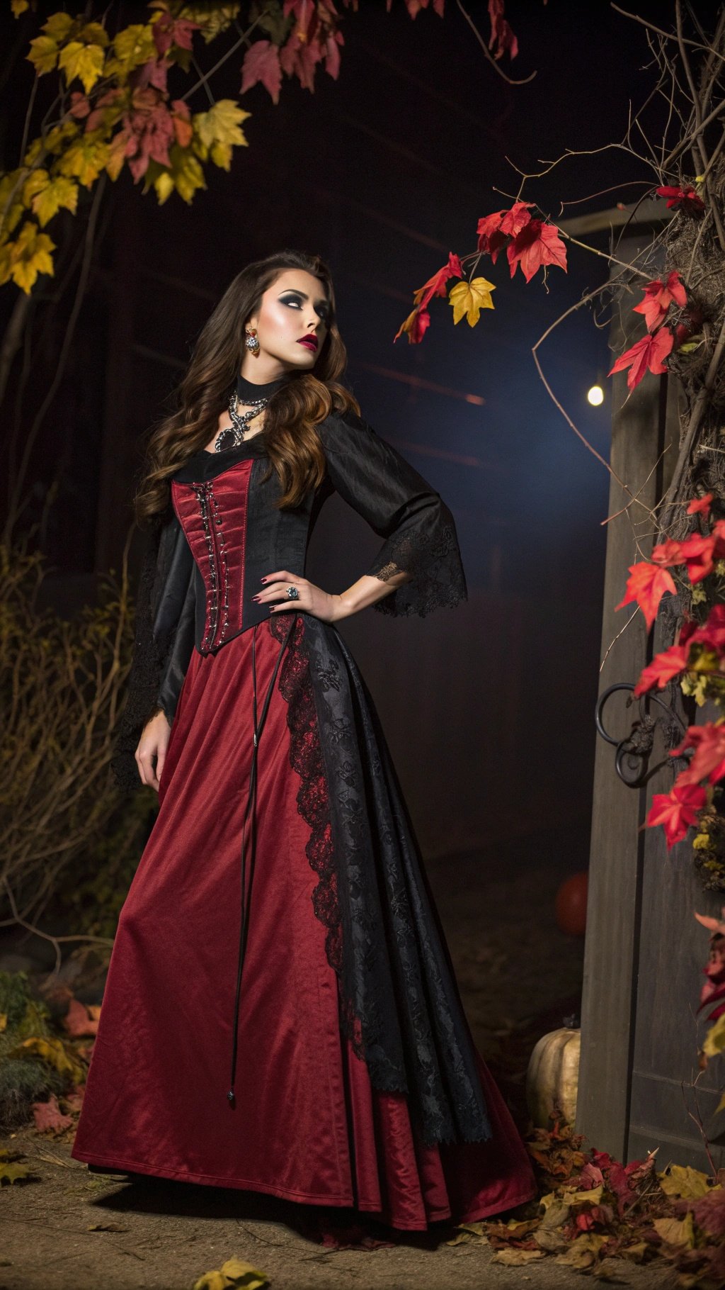 A woman in a dark red and black Katherine Pierce Halloween costume, standing in a spooky outdoor setting with autumn leaves.
