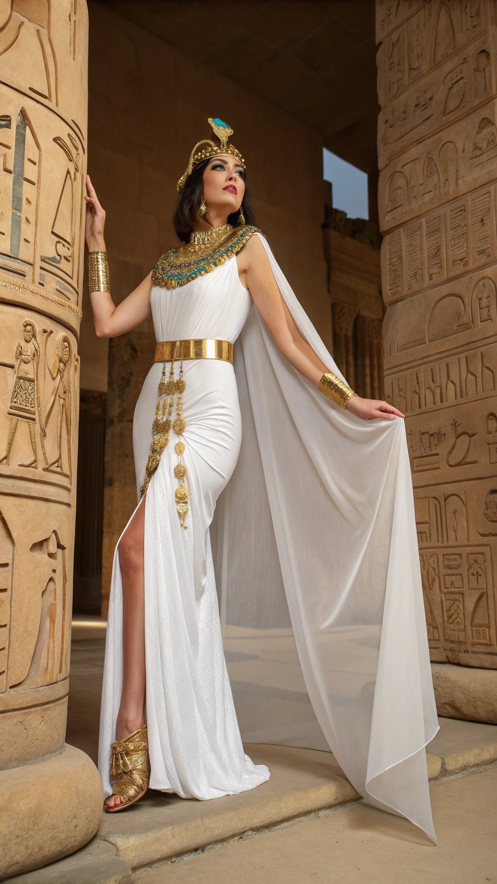 A woman dressed as Cleopatra in a flowing white gown with golden accessories, standing by ancient Egyptian columns.