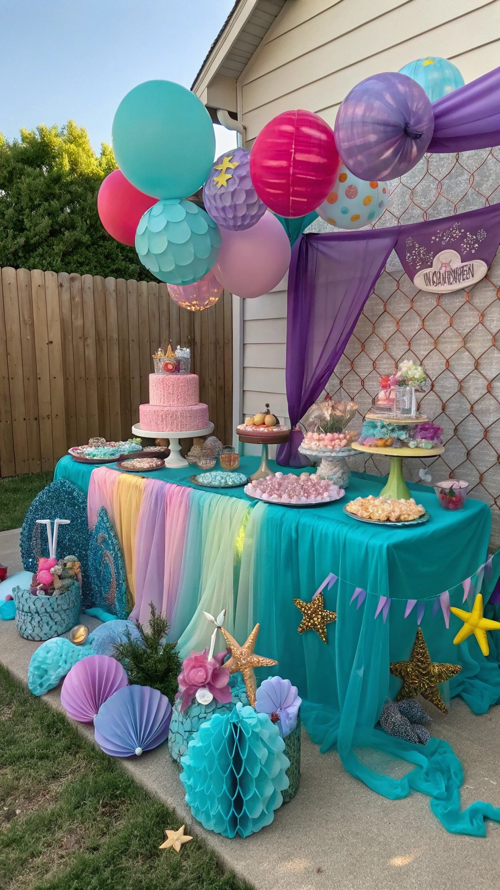 A beautifully decorated table for a mermaid birthday party featuring pastel colors, balloons, and themed treats.