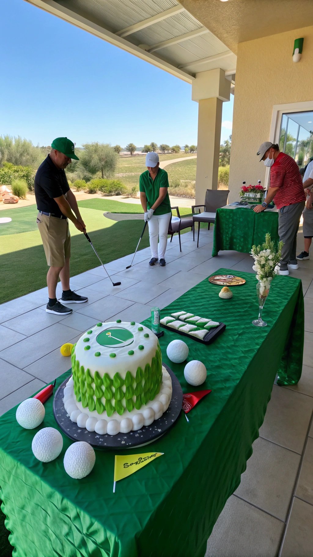 A golf-themed birthday party with guests playing golf and a decorated cake.