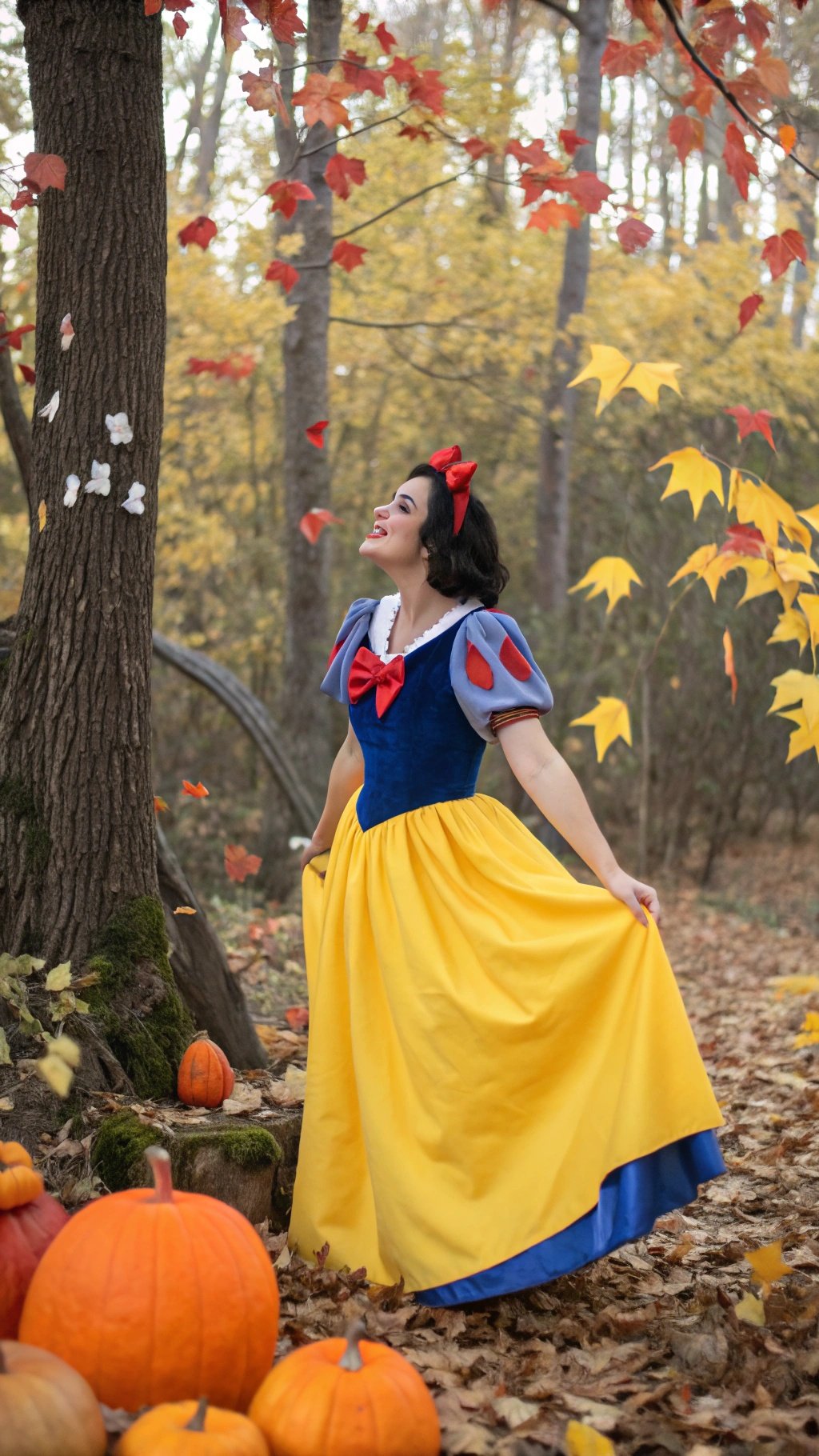 A person wearing a Snow White costume in a forest setting with pumpkins and autumn leaves.