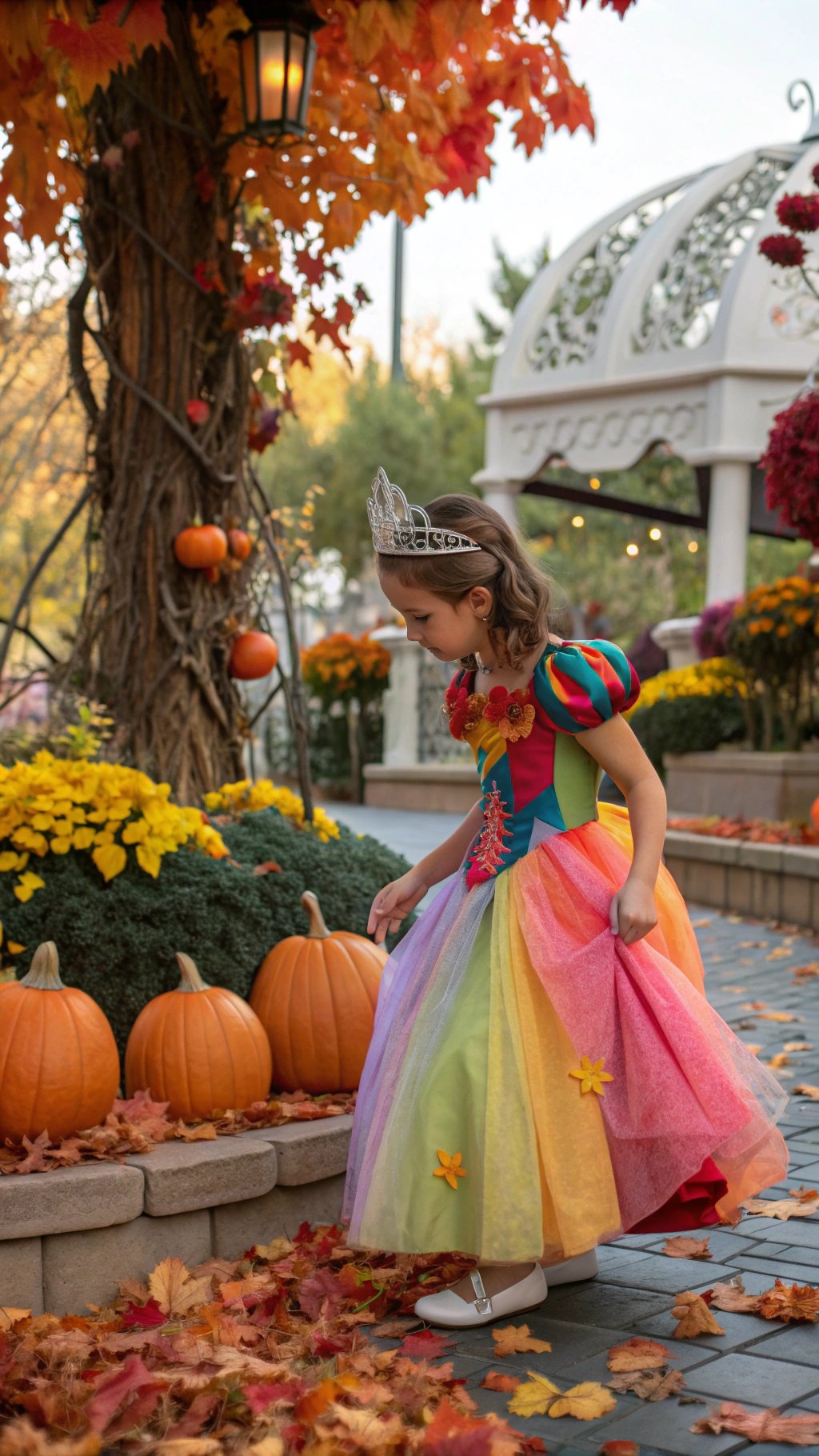 A young girl wearing a colorful princess costume with a tiara, surrounded by pumpkins and autumn leaves.