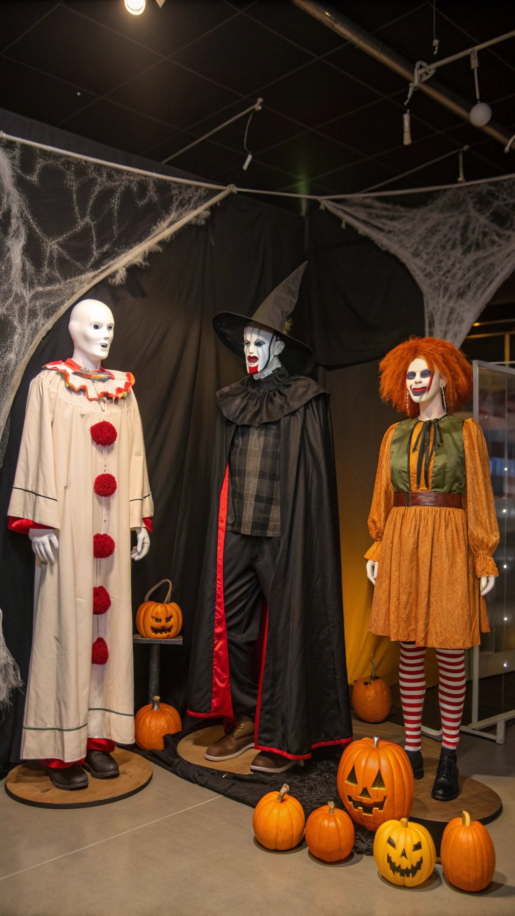 Three spooky Halloween costumes displayed: a clown, a vampire, and a witch, with pumpkins in the background.