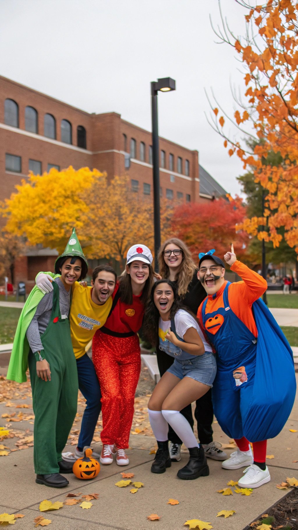 A group of friends in colorful Halloween costumes posing outdoors