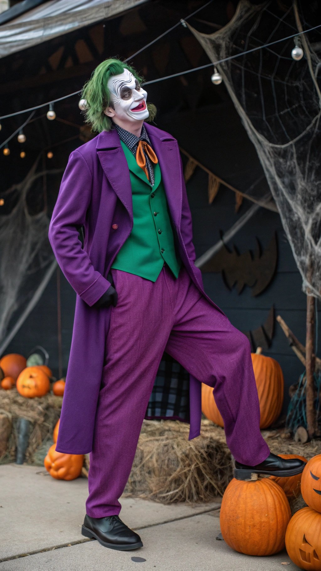 A person dressed as the Joker with a purple coat and green vest, standing among pumpkins.