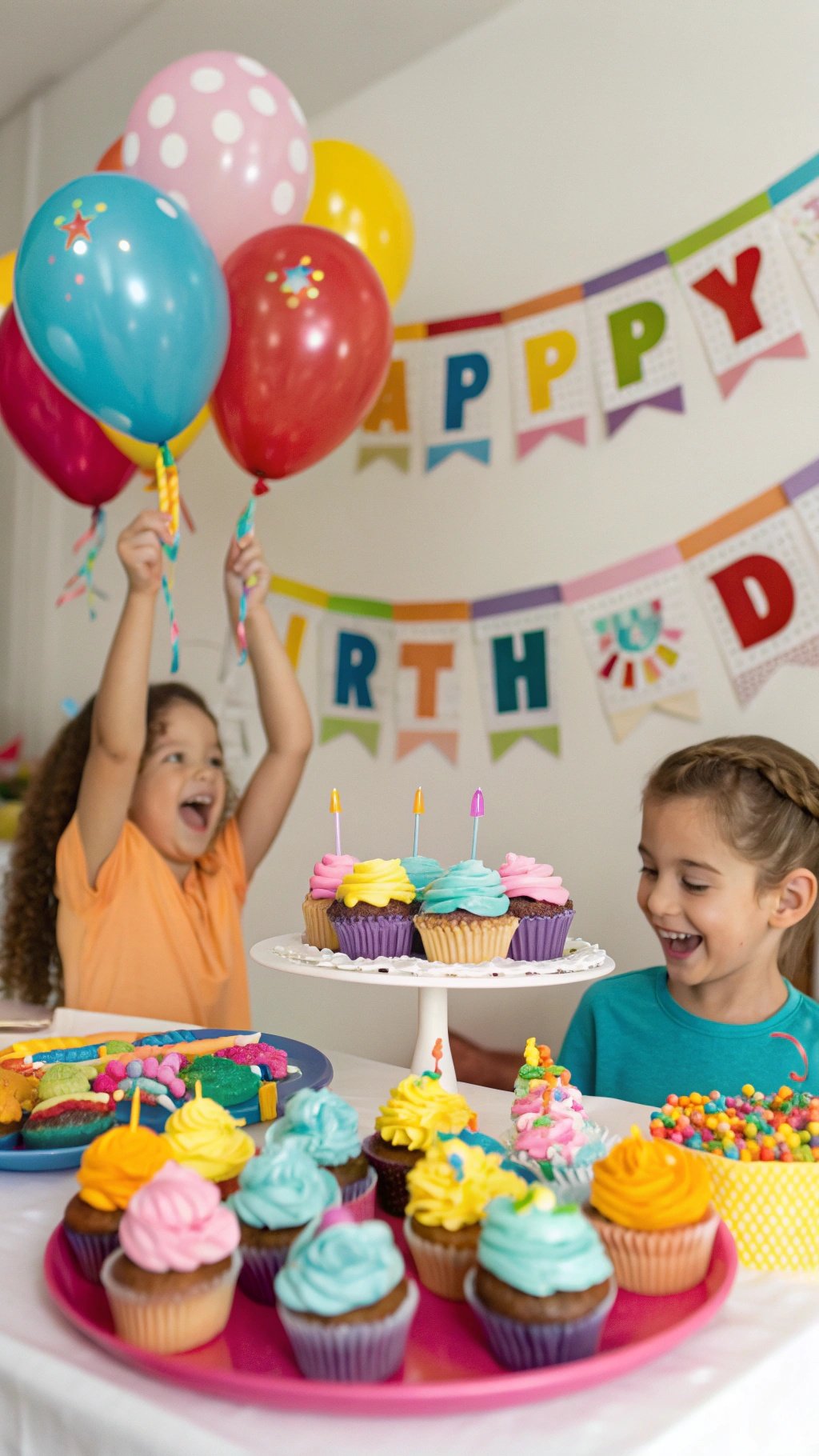 Children celebrating a birthday with colorful cupcakes and balloons. Birthday Party Themes