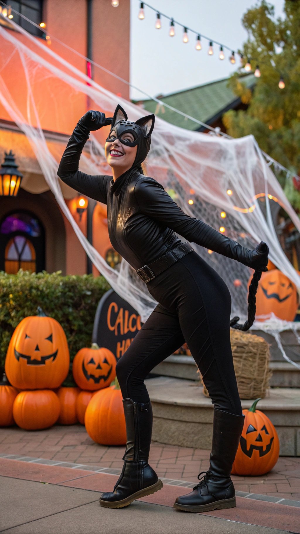 A person in a black cat costume posing playfully with pumpkins in the background.