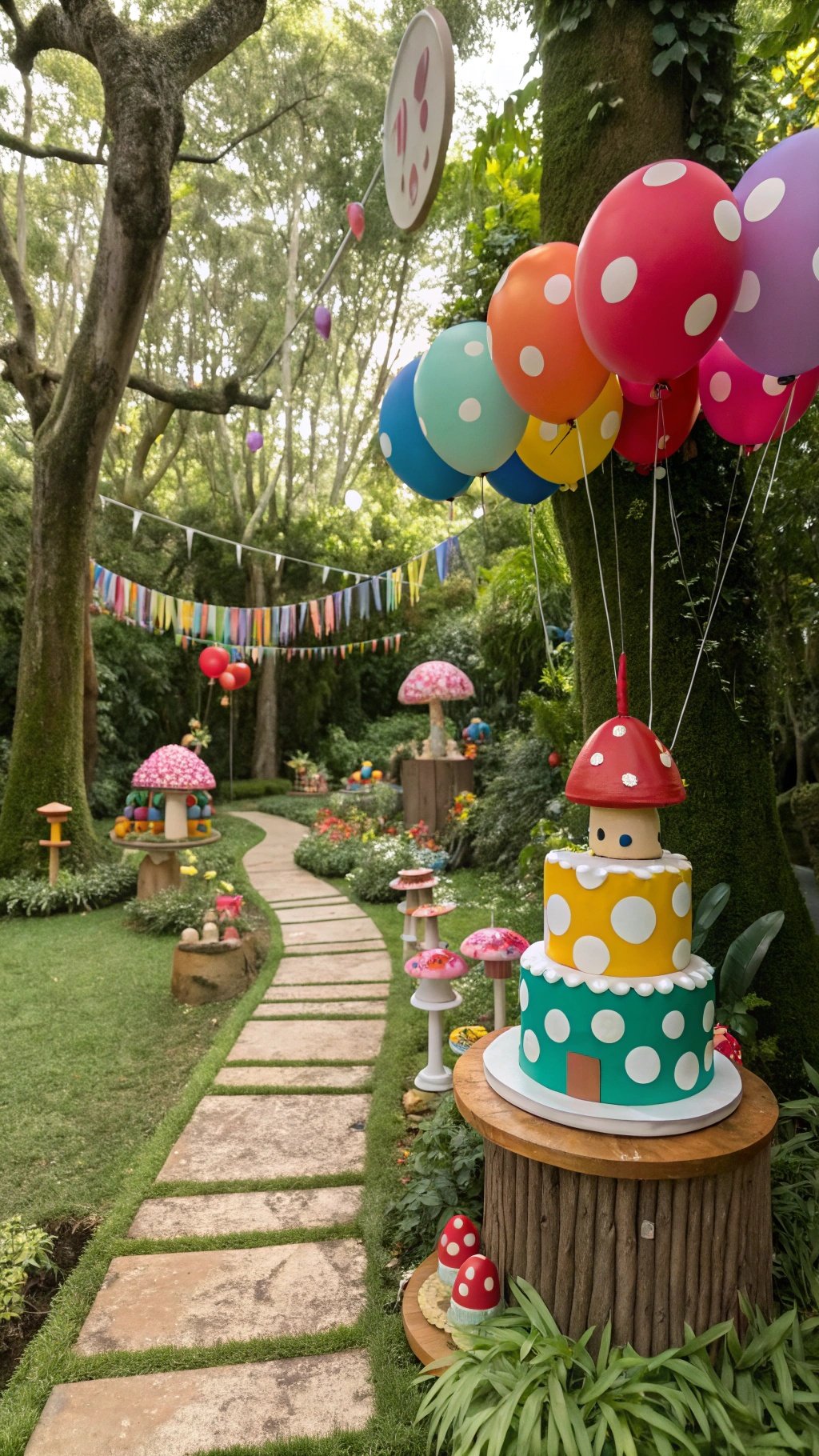 A colorful mushroom-themed birthday party setup with balloons, decorations, and a cake.