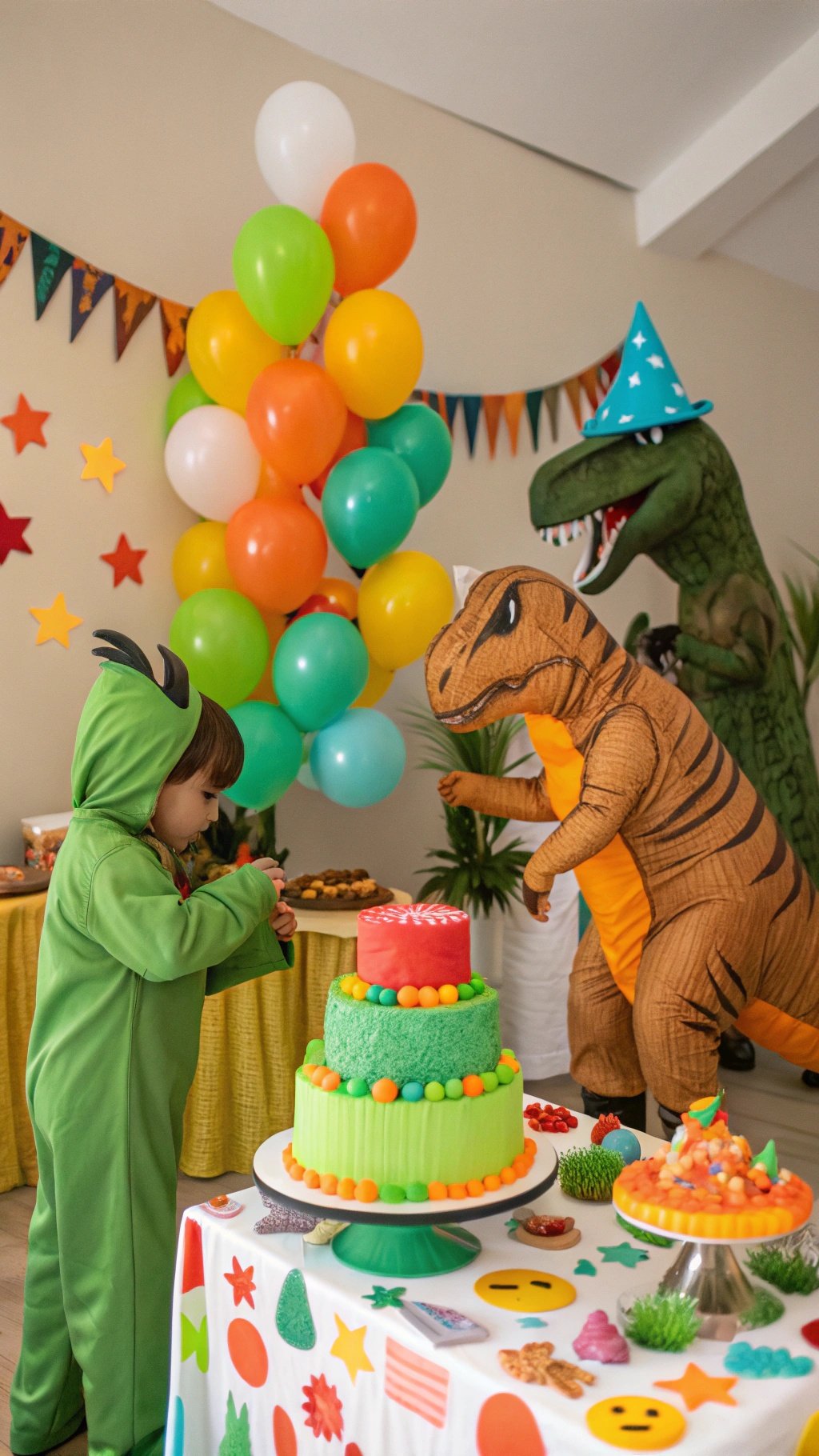 A colorful dinosaur birthday party setup with balloons, a cake, and children in costumes.
