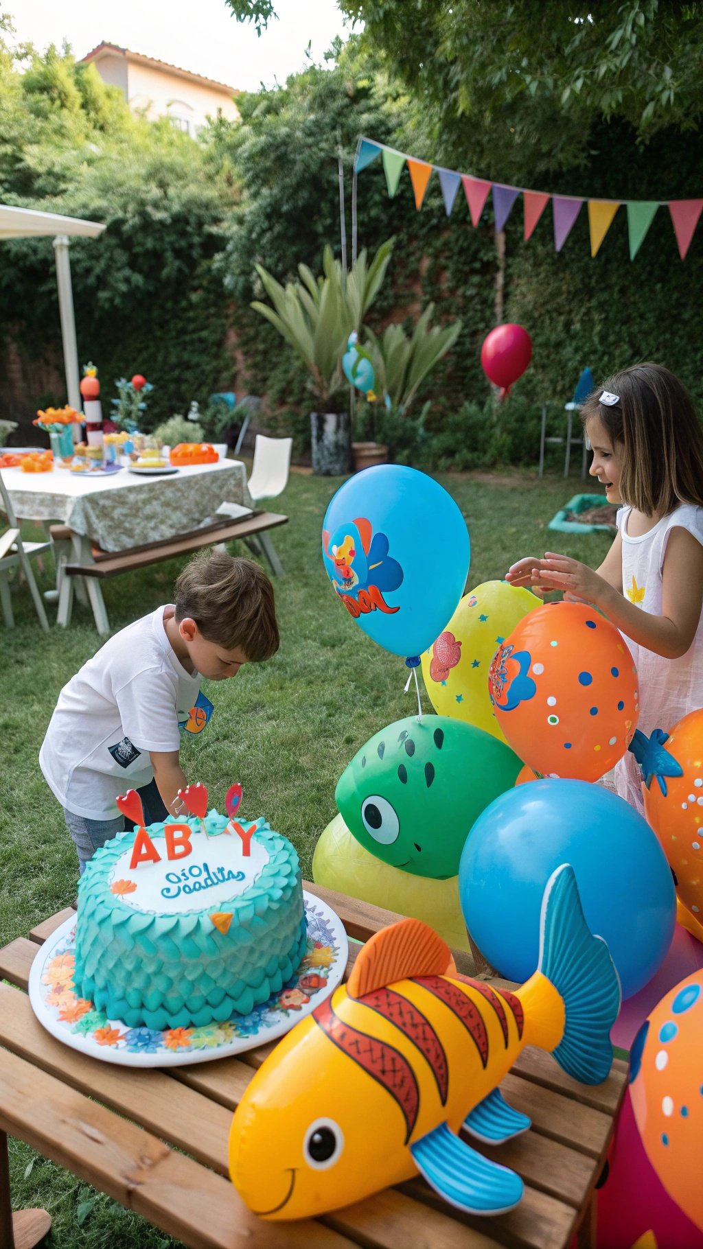 Children celebrating a fish-themed birthday party with a colorful cake and decorations