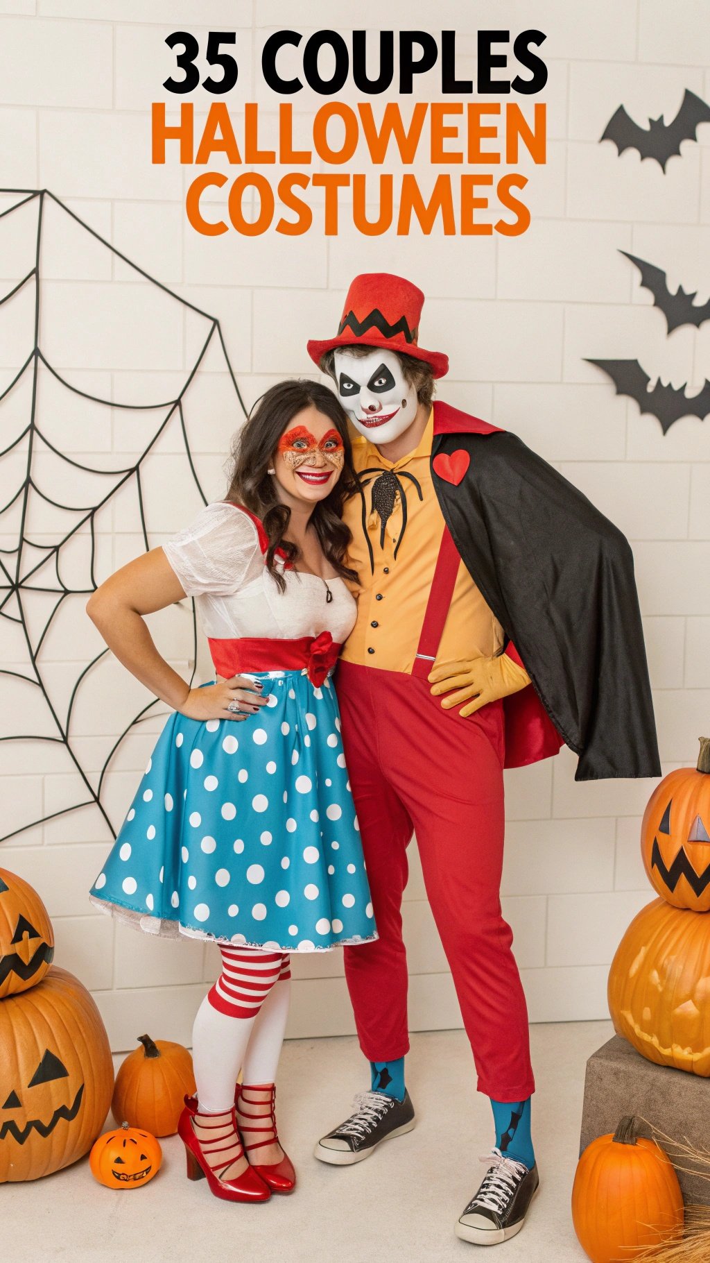 Couple in colorful Halloween costumes with pumpkins