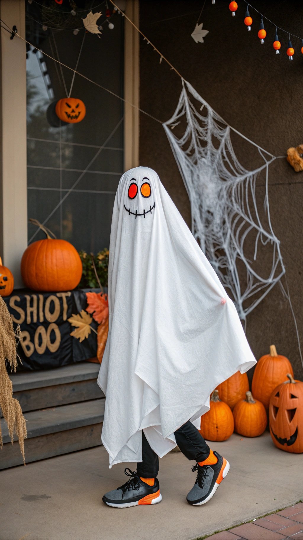 A person dressed as a ghost in a white sheet with a playful face, surrounded by Halloween decorations like pumpkins and cobwebs.