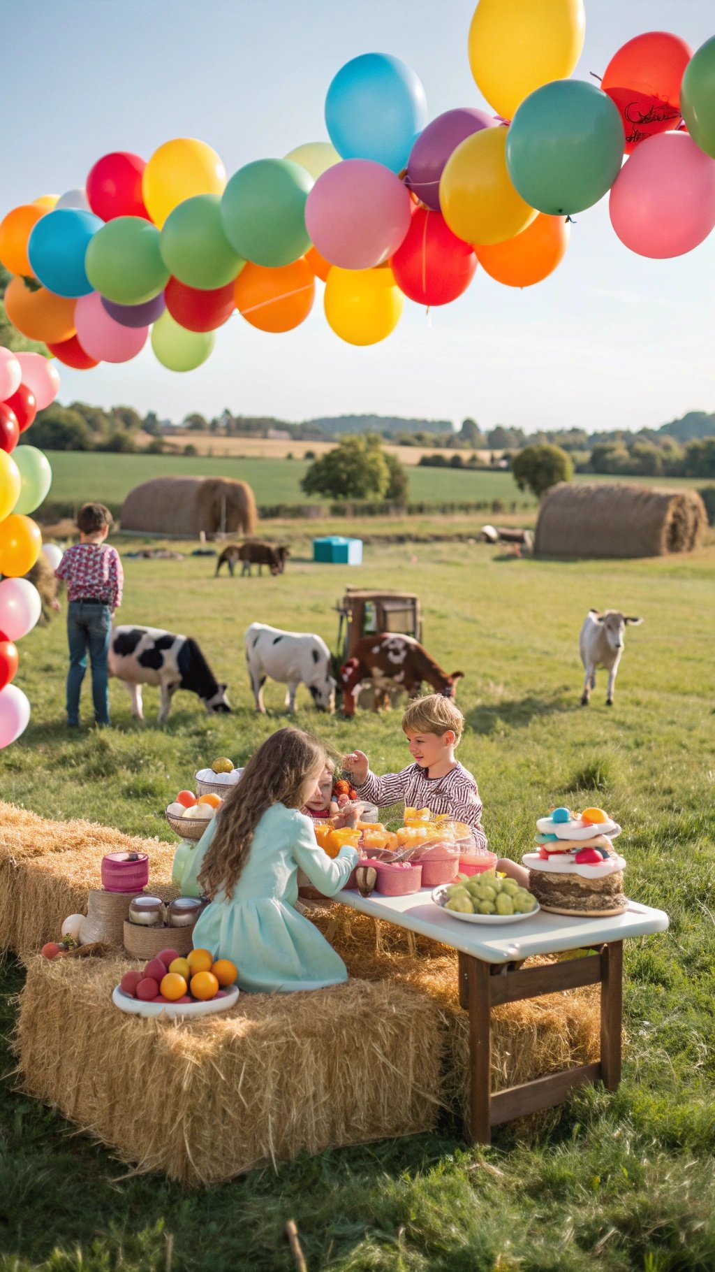Children enjoying a farm birthday party with colorful balloons and a table of fruits.