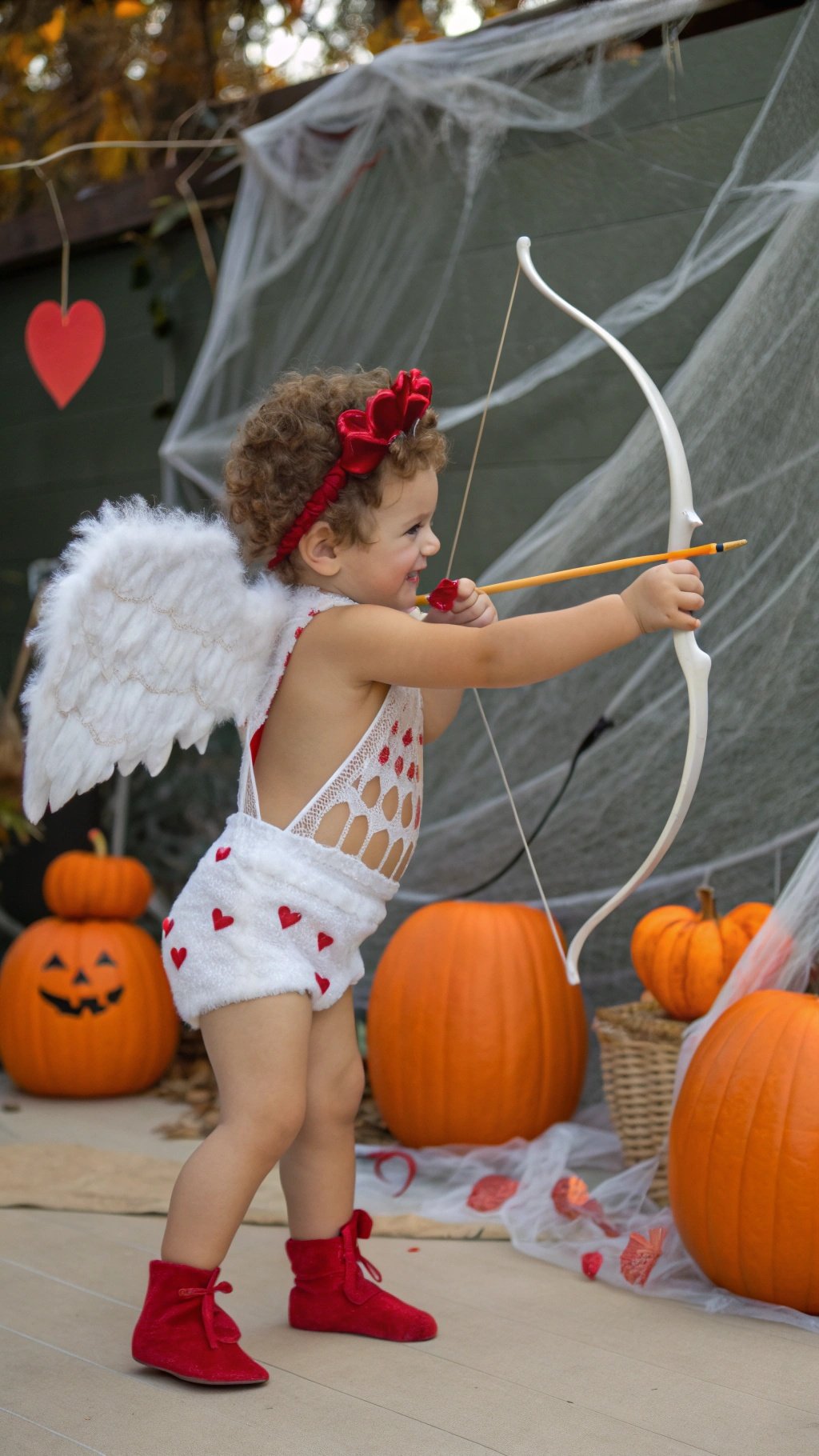 A child dressed as Cupid with wings and a bow, surrounded by pumpkins and Halloween decorations.