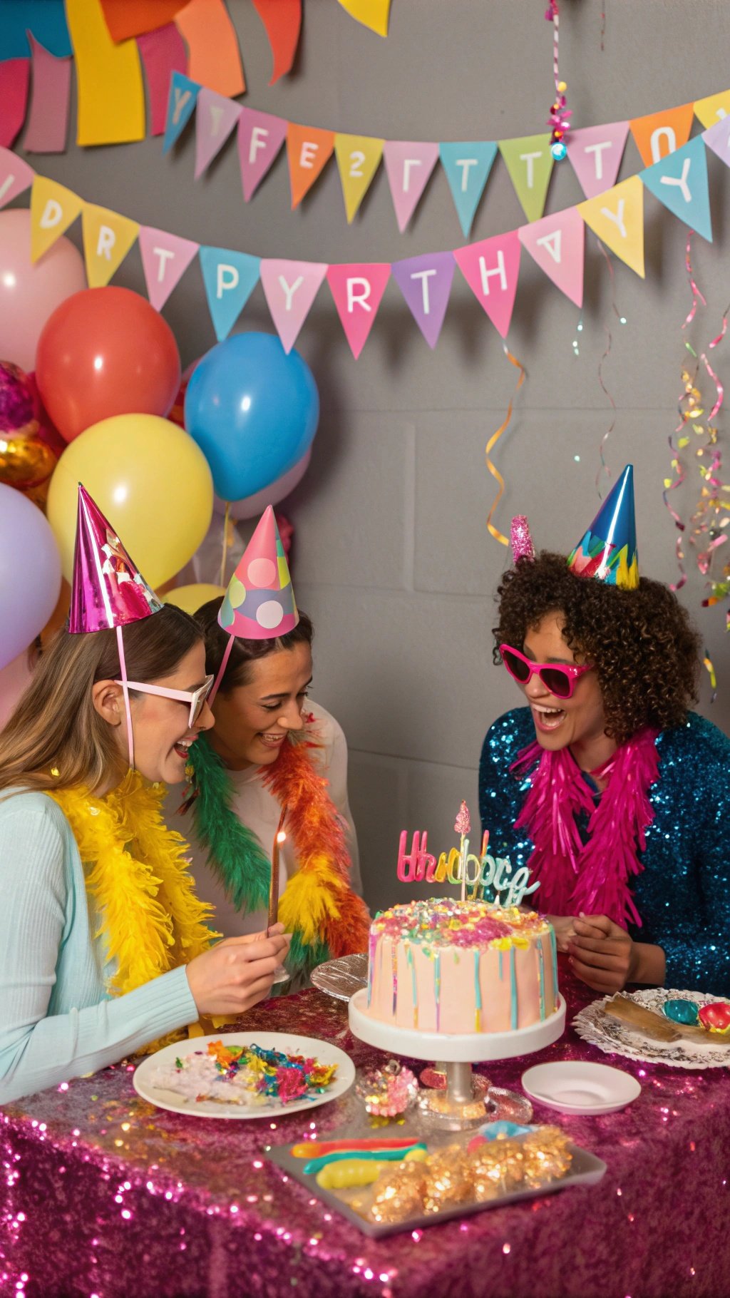 A group of friends celebrating a glitter birthday party with colorful decorations and a cake.