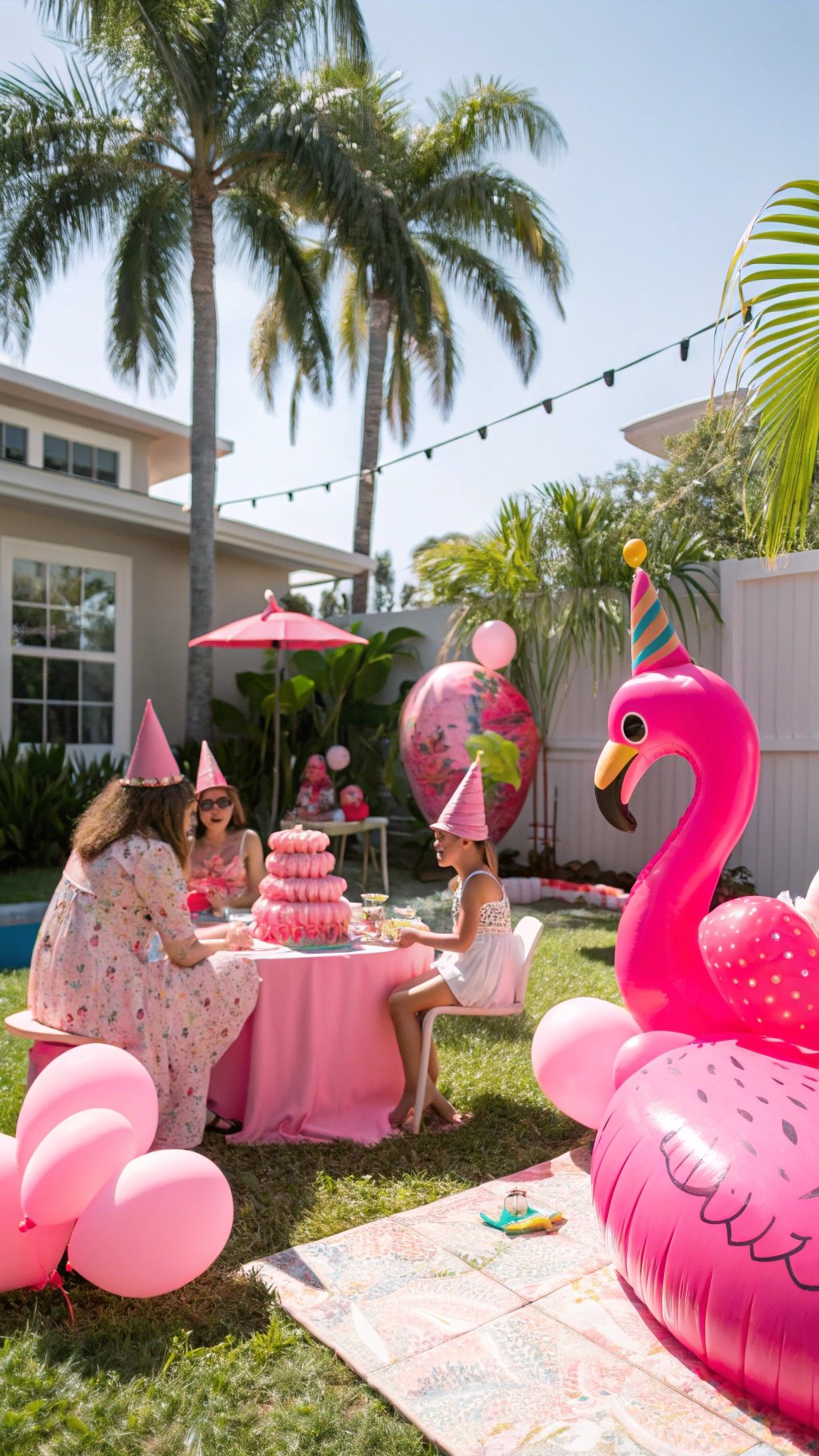 A vibrant outdoor flamingo birthday party setup with pink decorations and guests enjoying treats.