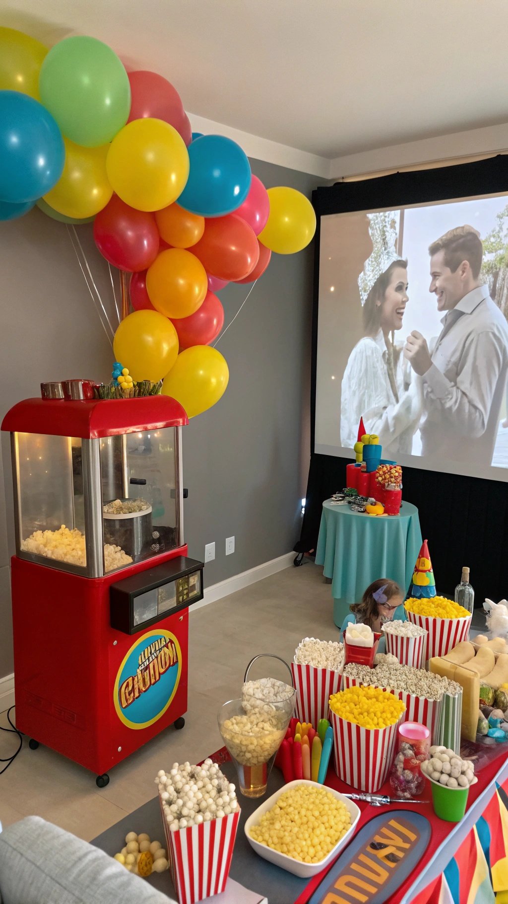 A colorful movie birthday party setup with balloons, a popcorn machine, and a film screening.