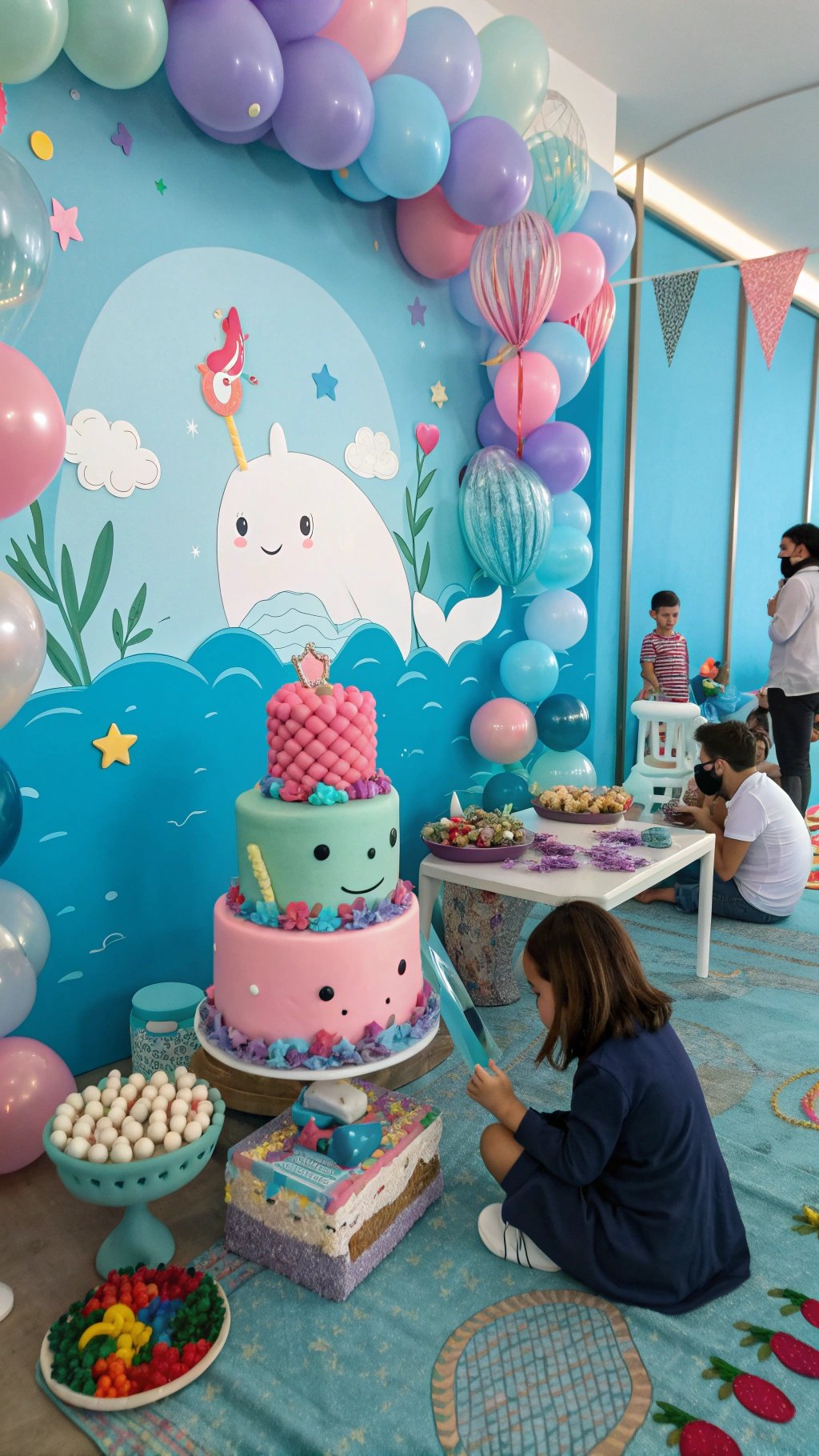 Colorful Narwhal birthday party setup with balloons, cake, and decorations.