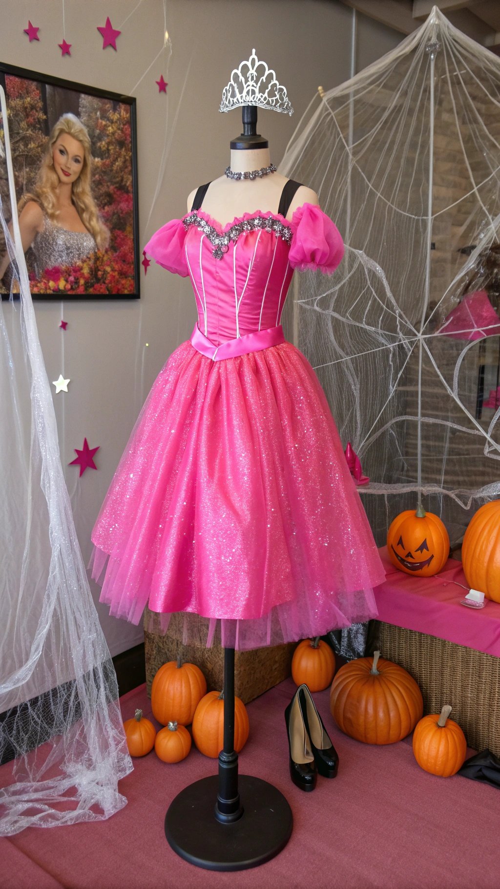 A pink Barbie costume displayed on a mannequin with a tiara and black heels, surrounded by pumpkins and Halloween decorations.