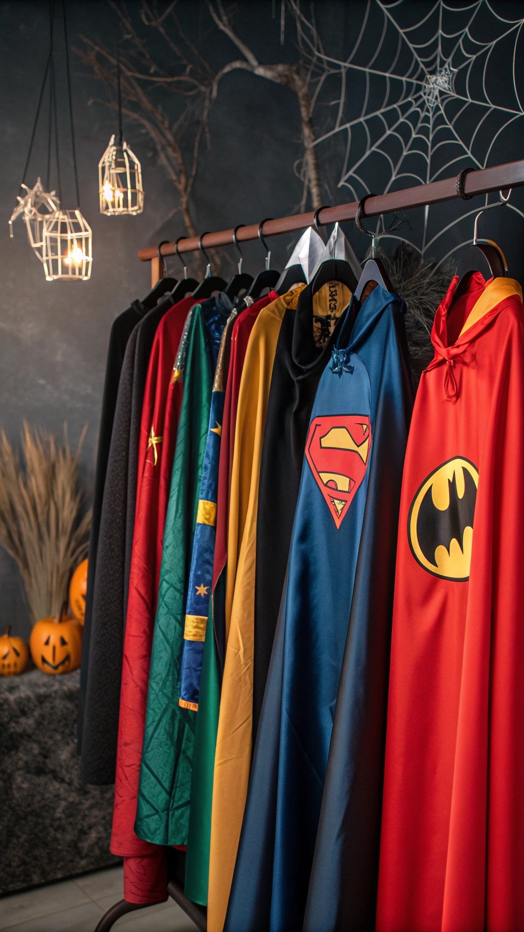 A rack of colorful hero capes hanging, featuring designs like Superman and Batman, with Halloween decorations in the background.