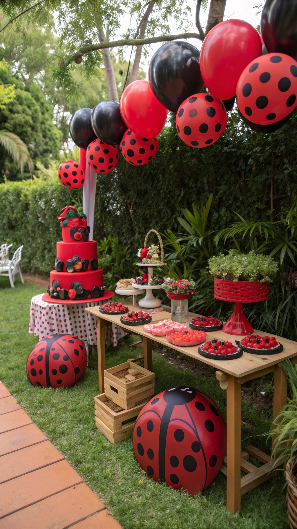 A beautifully decorated ladybug birthday party setup with red and black balloons, a ladybug-themed cake, and themed treats.