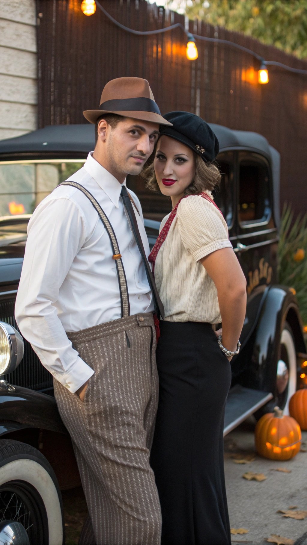 A couple dressed as Bonnie and Clyde, showcasing vintage 1930s attire with a classic car in the background.