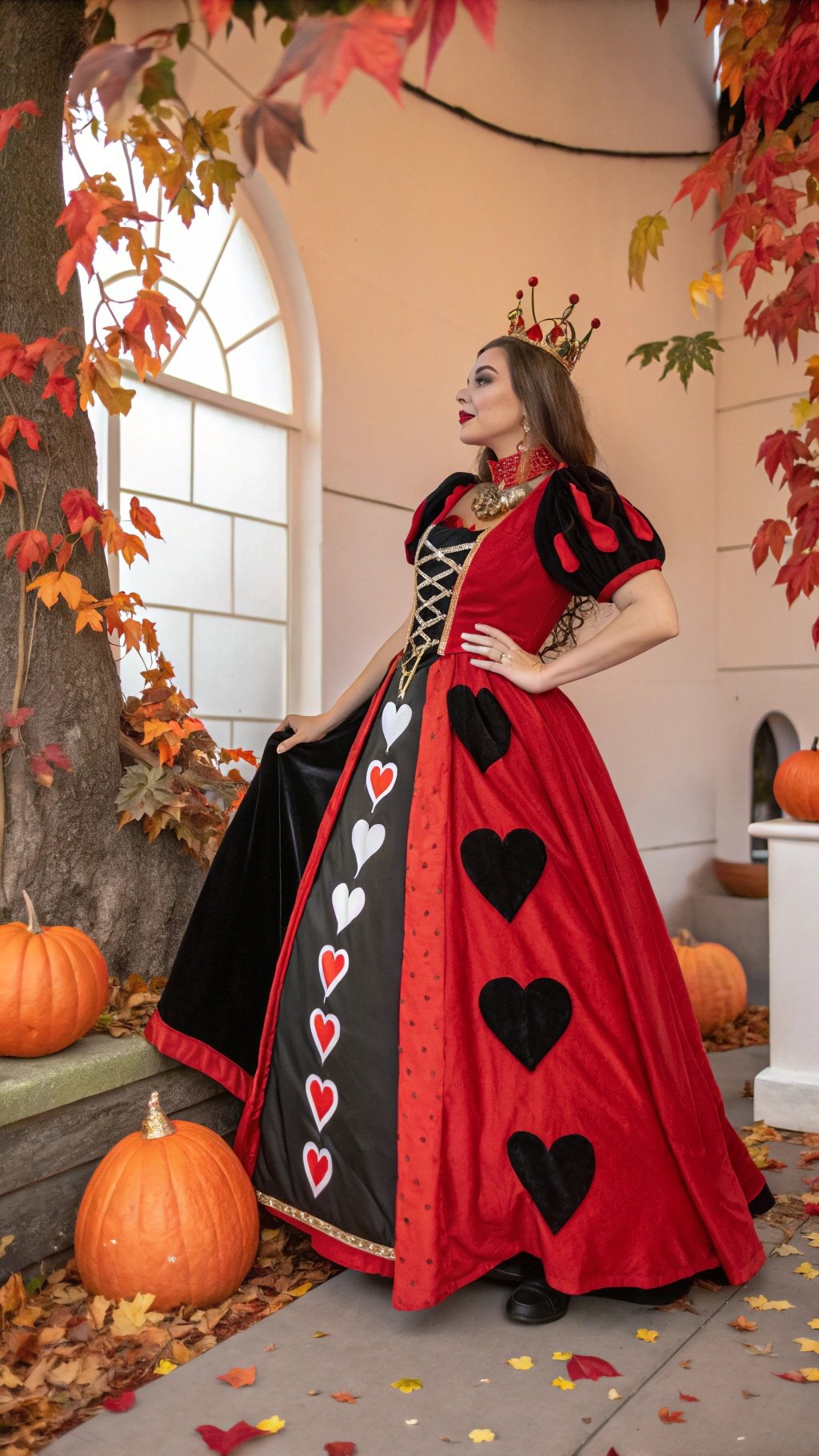 A woman dressed in a Queen of Hearts costume with a crown, standing among autumn leaves and pumpkins.