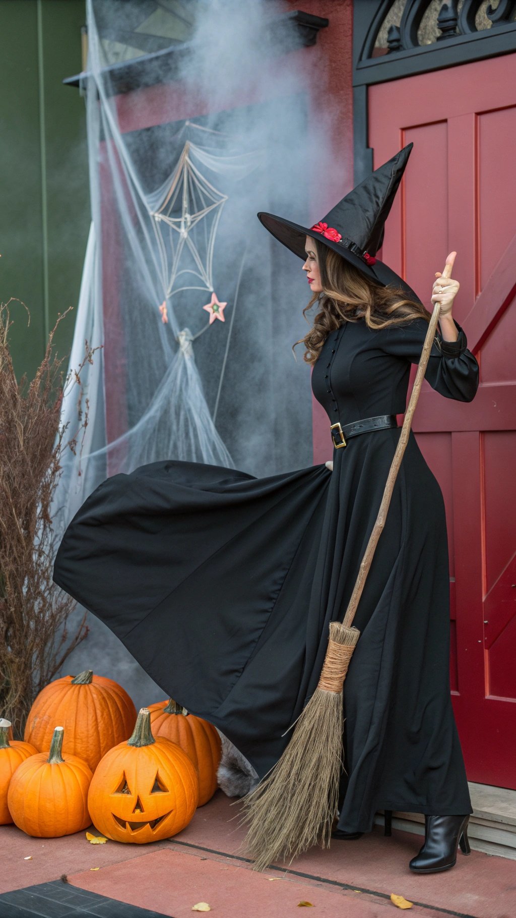 A witch in a black dress with a broomstick standing next to pumpkins