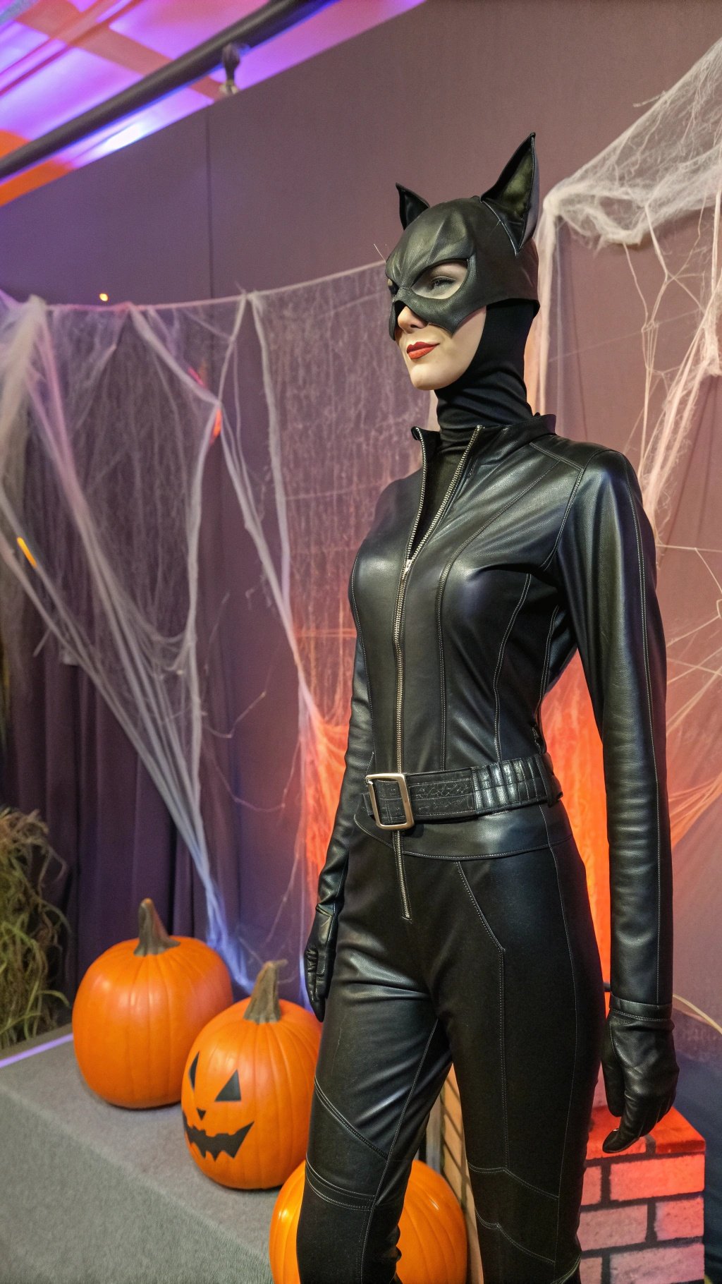 A model in a Catwoman costume featuring a black bodysuit and cat ears, with pumpkins in the background.