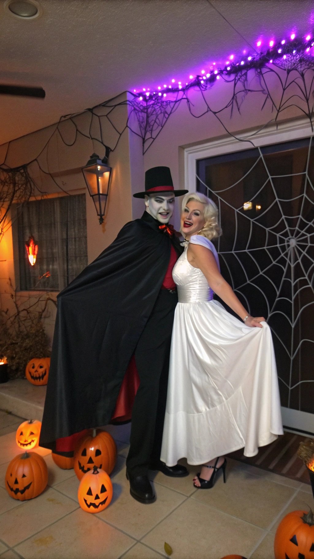 A couple dressed in Halloween costumes, with the woman in a red polka dot dress and the man in overalls, surrounded by pumpkins.