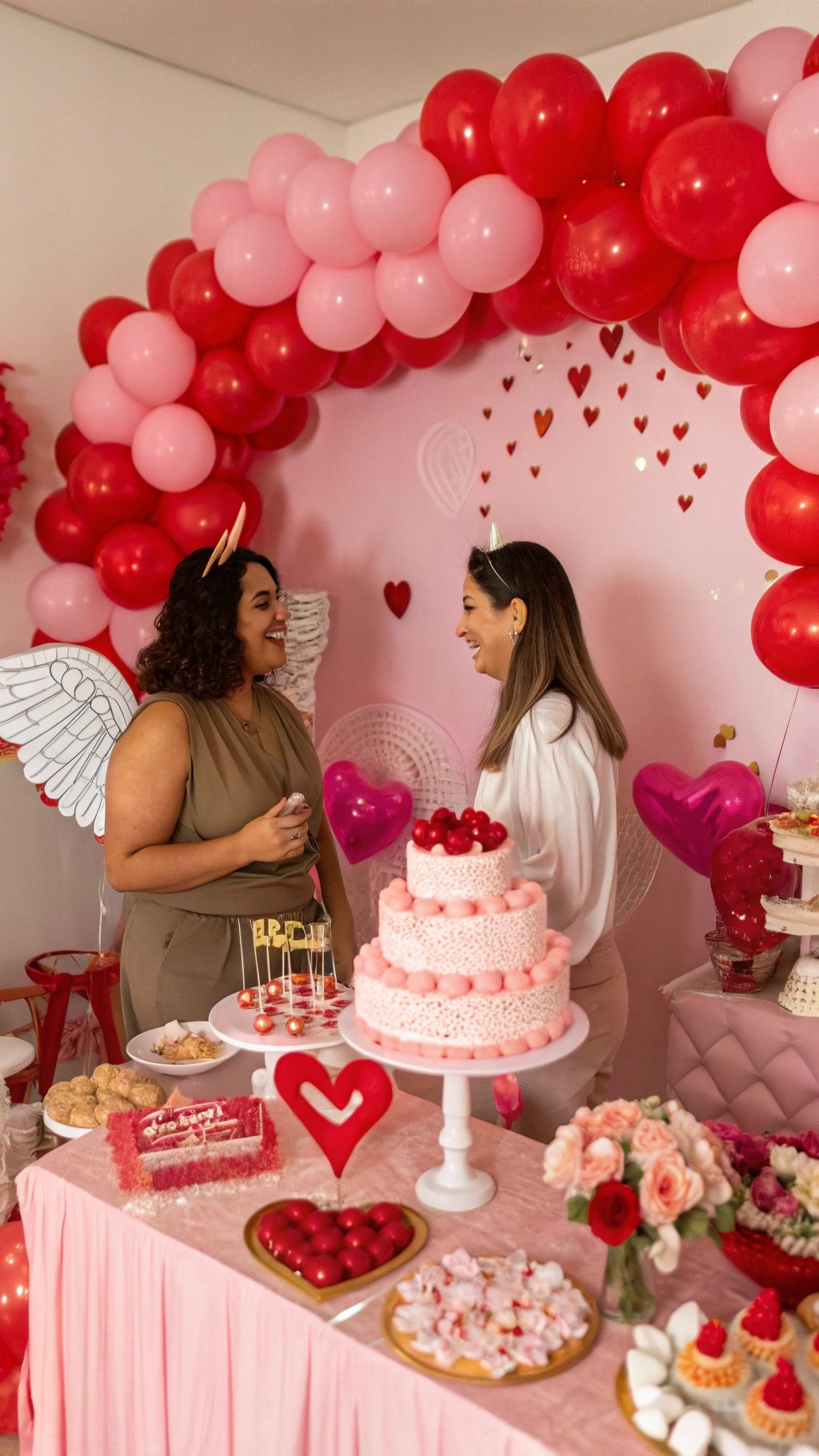 A festive Cupid birthday party setup with pink and red decorations, a cake, and guests enjoying the celebration.