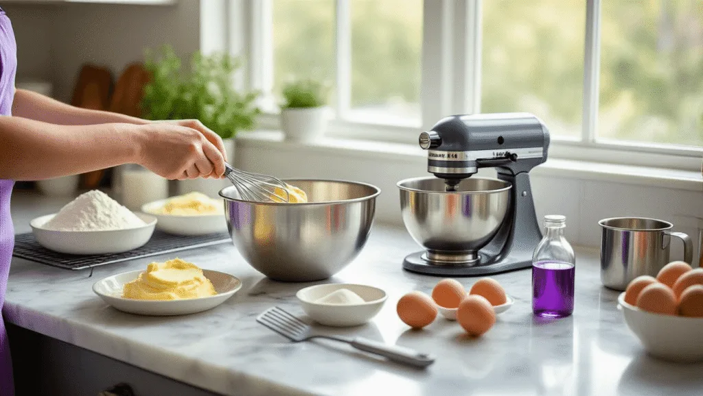 A professional kitchen scene with hands creaming butter and sugar in a stainless steel bowl, surrounded by baking ingredients like flour, eggs, vanilla extract, and purple gel food coloring, captured in warm natural light with a focus on the creaming process.