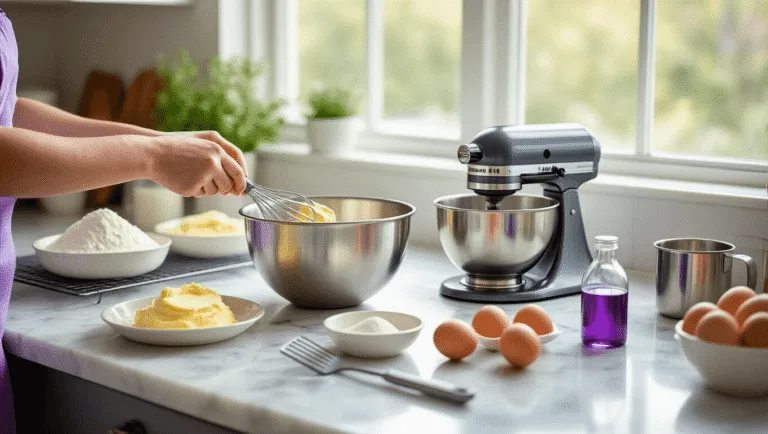 A professional kitchen scene with hands creaming butter and sugar in a stainless steel bowl, surrounded by baking ingredients like flour, eggs, vanilla extract, and purple gel food coloring, captured in warm natural light with a focus on the creaming process.