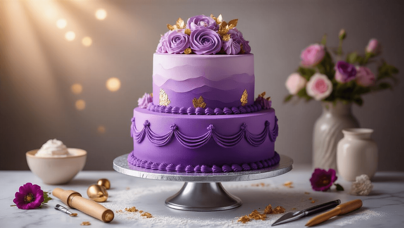 Photorealistic 3-tier purple ombre birthday cake on a silver rotating stand, featuring intricate buttercream piping and gold leaf accents, surrounded by professional decorating tools on a marble surface, with soft bokeh background.