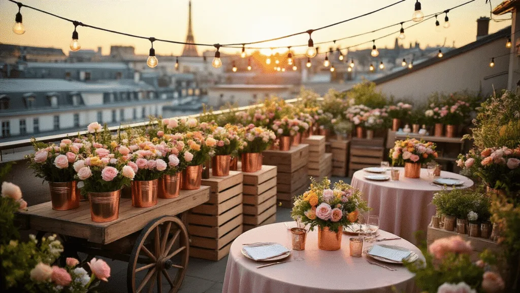 Aerial view of a chic rooftop flower market birthday celebration at golden hour, featuring a vintage wooden flower cart with pastel blooms, string lights overhead, rustic crates of flowers, blush tablecloths, and a DIY bouquet bar, all set against a soft-focus city skyline backdrop.
