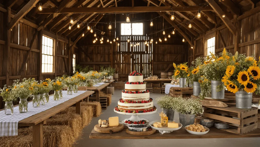 A rustic barn interior decorated for a chic birthday party, featuring farmhouse tables with wildflower arrangements, warm ambient lighting from Edison bulbs, and a naked cake with fresh berries.